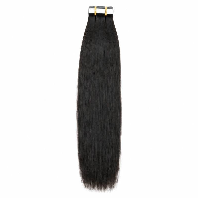 Single weft of natural black straight tape-in hair extensions hanging from its adhesive tape tab against a white backdrop